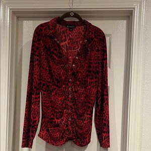 INC International Concepts Red and Black Leopard Button-Front Blouse
